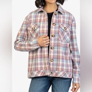 Kut from the Kloth Magnolia Plaid Shirt Jacket Shacket XSmall Dusty Rose/Blue